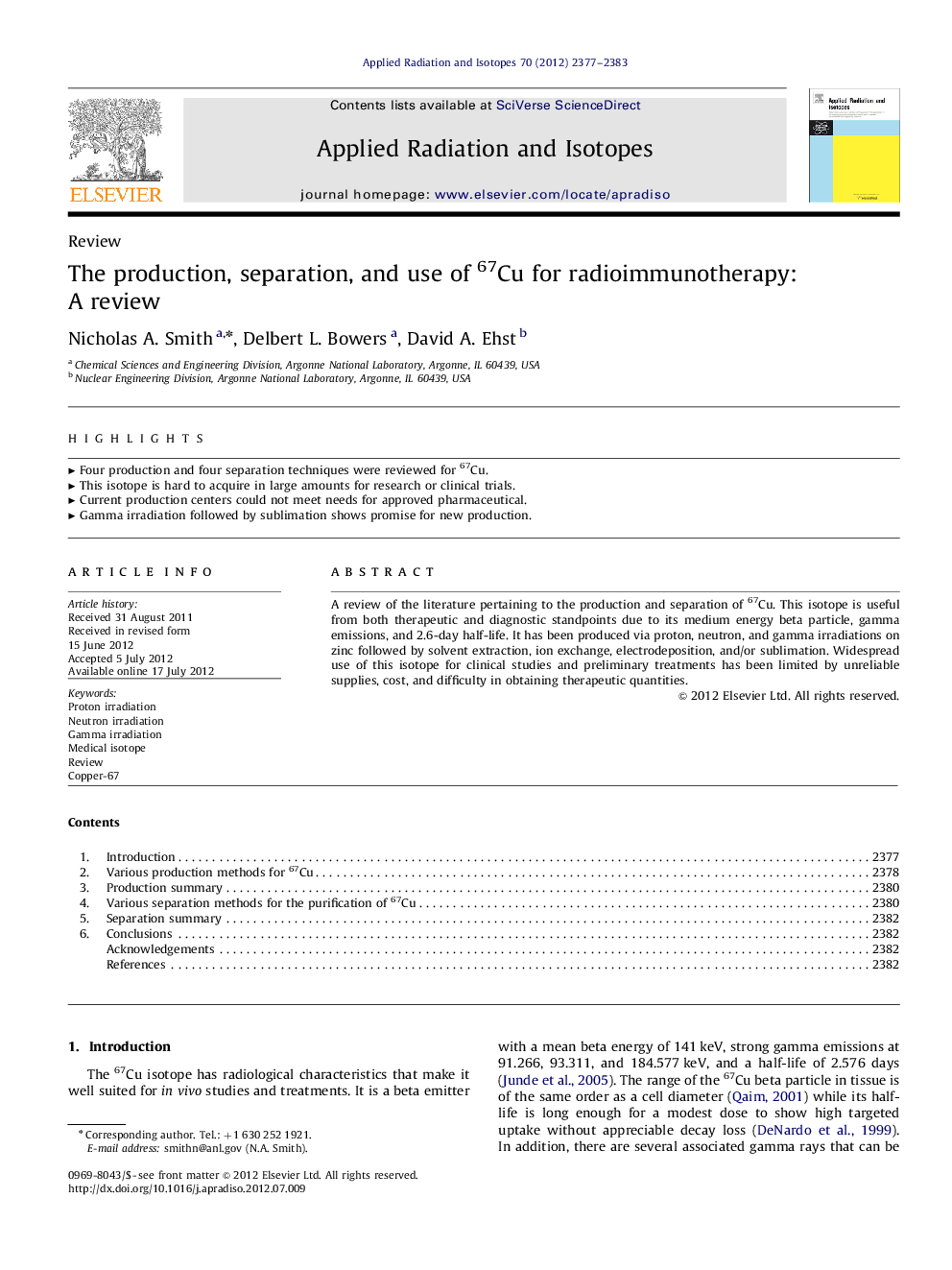 The production, separation, and use of 67Cu for radioimmunotherapy: A review