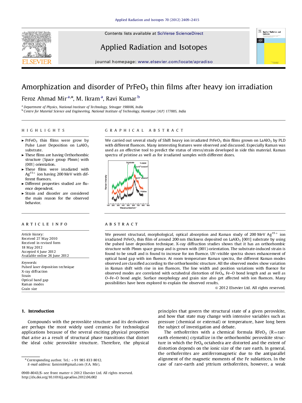 Amorphization and disorder of PrFeO3 thin films after heavy ion irradiation