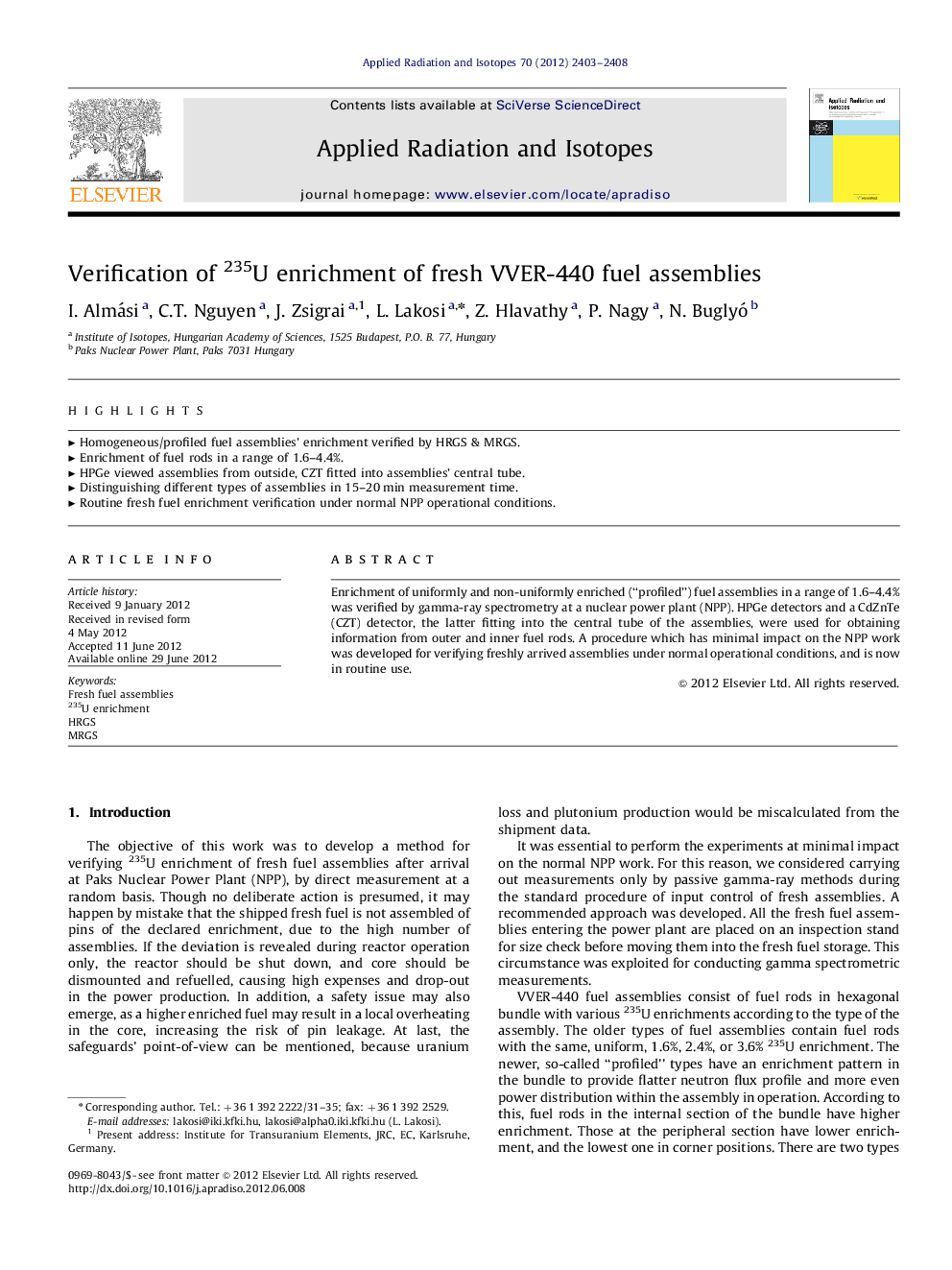 Verification of 235U enrichment of fresh VVER-440 fuel assemblies