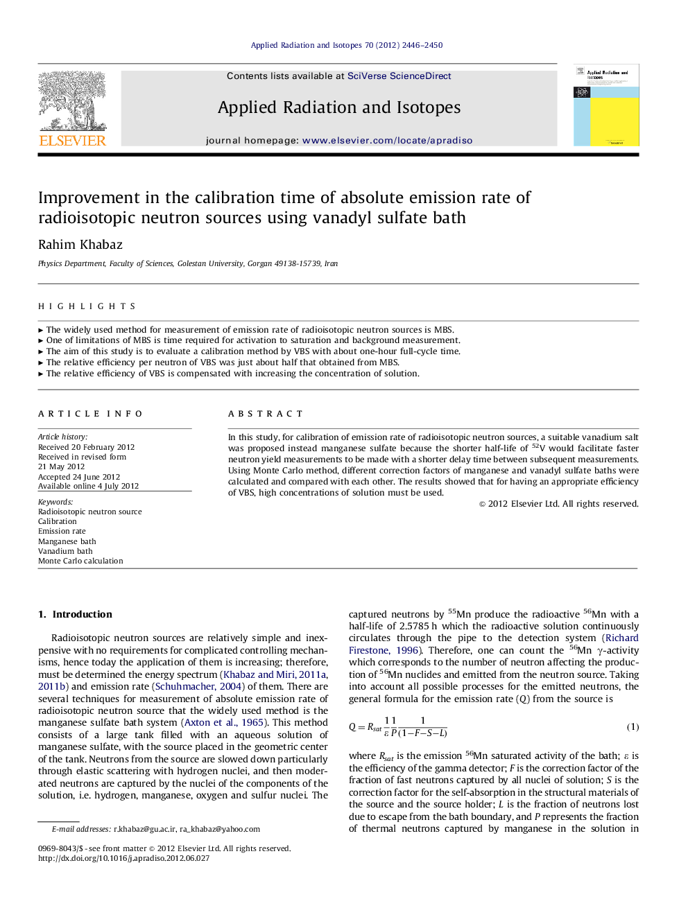 Improvement in the calibration time of absolute emission rate of radioisotopic neutron sources using vanadyl sulfate bath