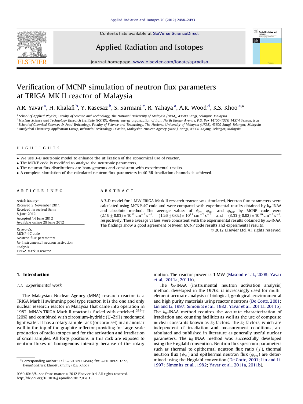 Verification of MCNP simulation of neutron flux parameters at TRIGA MK II reactor of Malaysia