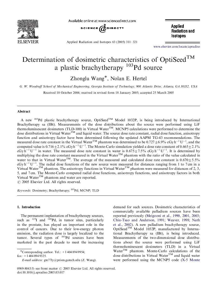 Determination of dosimetric characteristics of OptiSeedTM a plastic brachytherapy 103Pd source