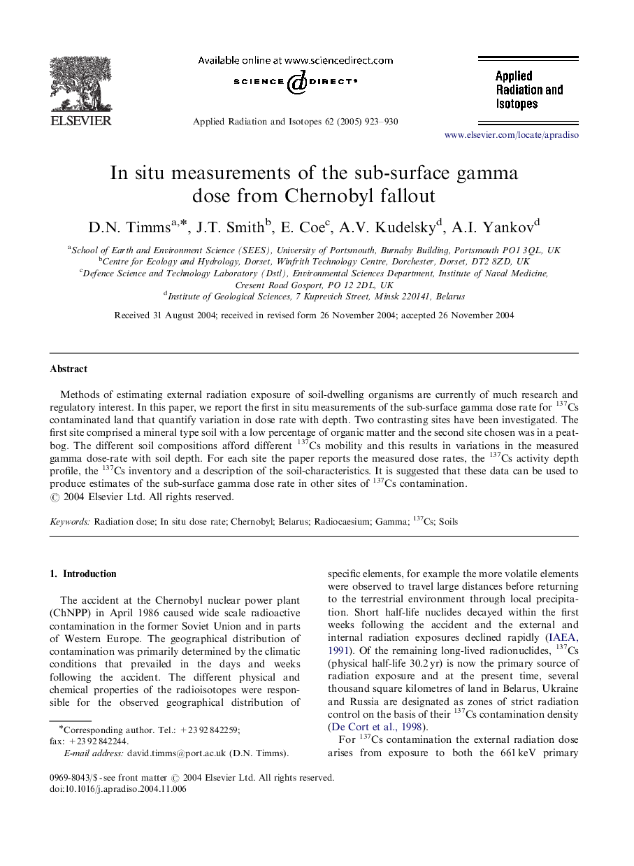 عکس صفحه اول مقاله: In situ measurements of the sub-surface gamma dose from Chernobyl fallout In situ measurements of the sub-surface gamma dose from Chernobyl fallout