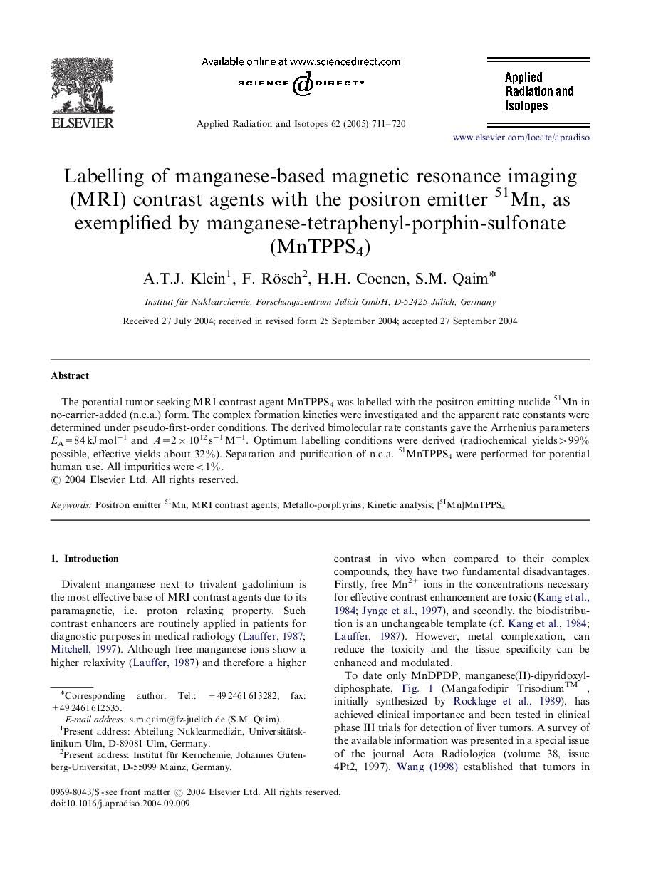 Labelling of manganese-based magnetic resonance imaging (MRI) contrast agents with the positron emitter 51Mn, as exemplified by manganese-tetraphenyl-porphin-sulfonate (MnTPPS4)