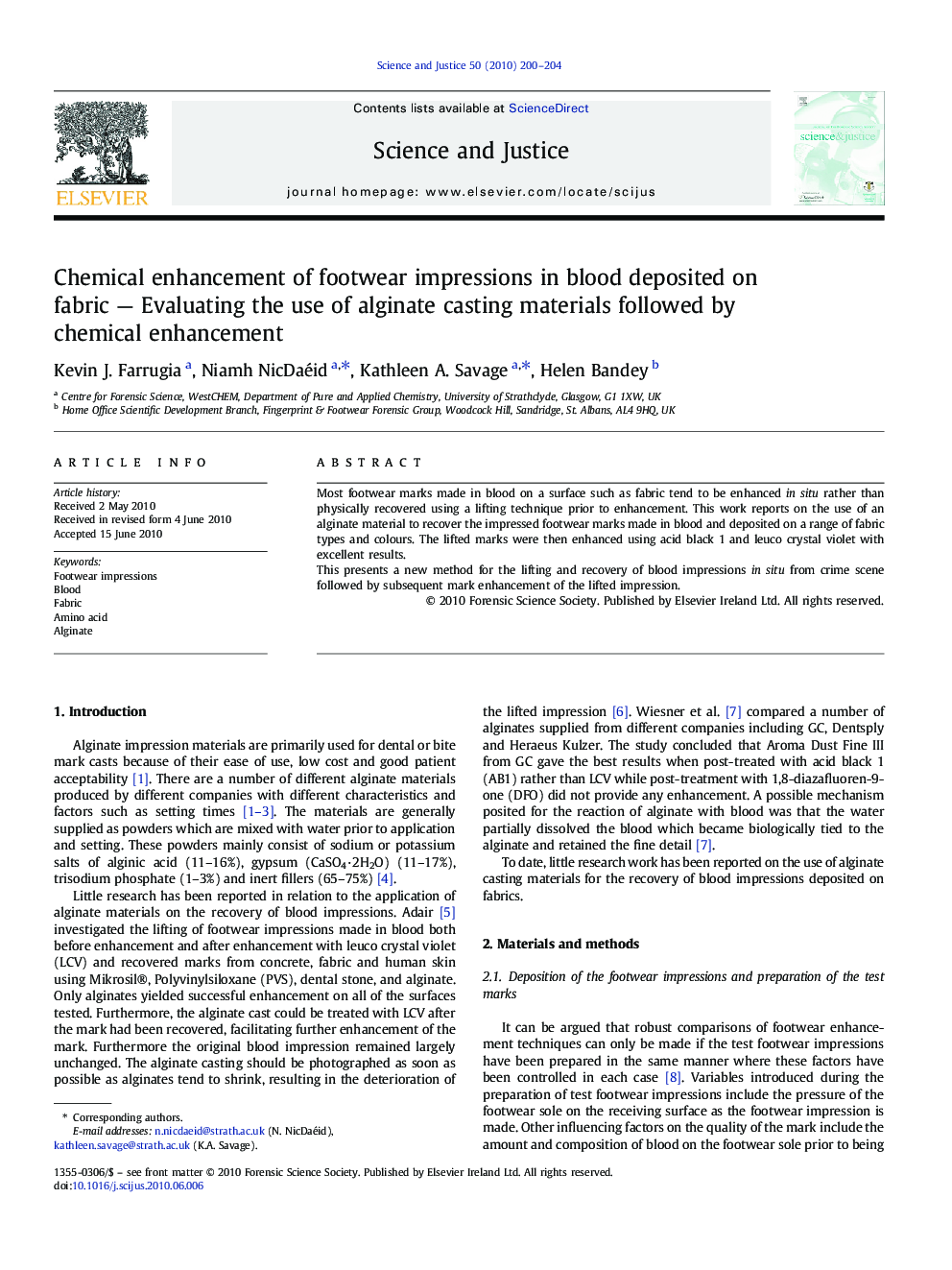 Chemical enhancement of footwear impressions in blood deposited on fabric — Evaluating the use of alginate casting materials followed by chemical enhancement