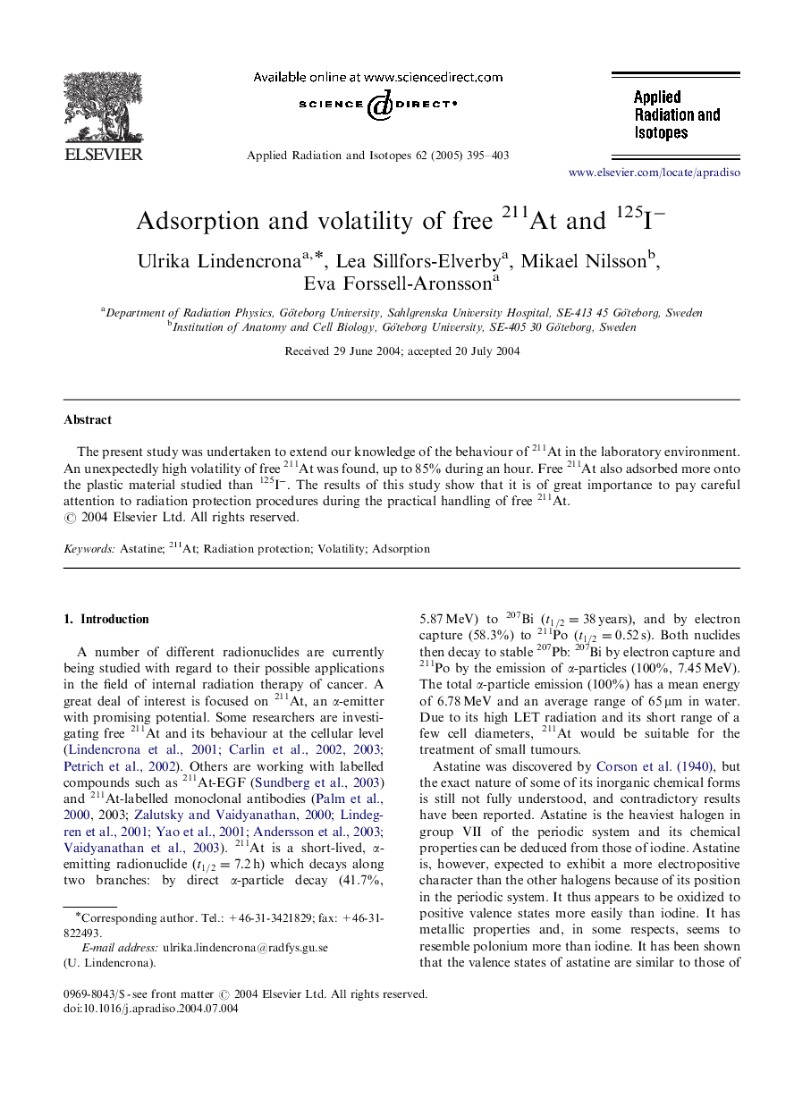 Adsorption and volatility of free 211At and 125I-