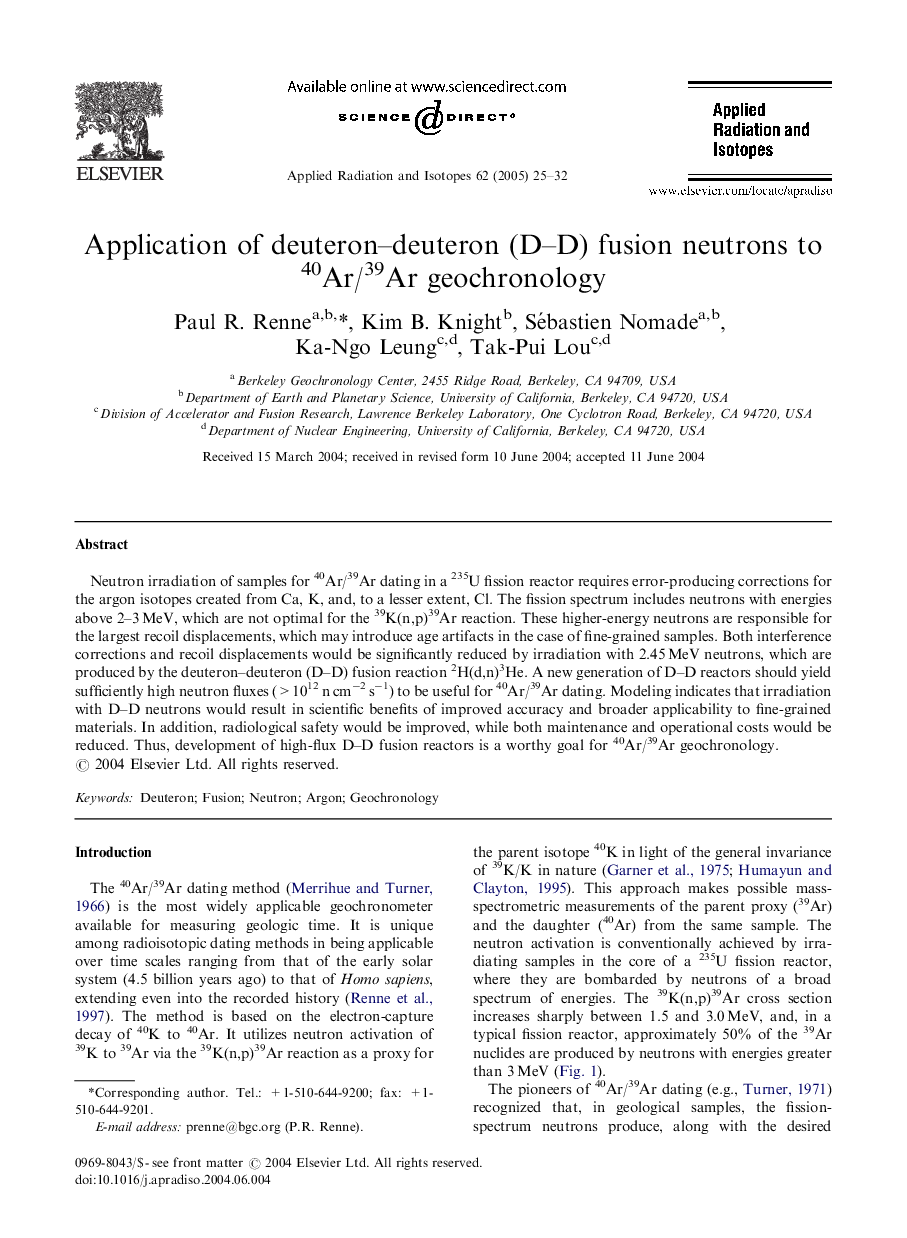 Application of deuteron-deuteron (D-D) fusion neutrons to 40Ar/39Ar geochronology