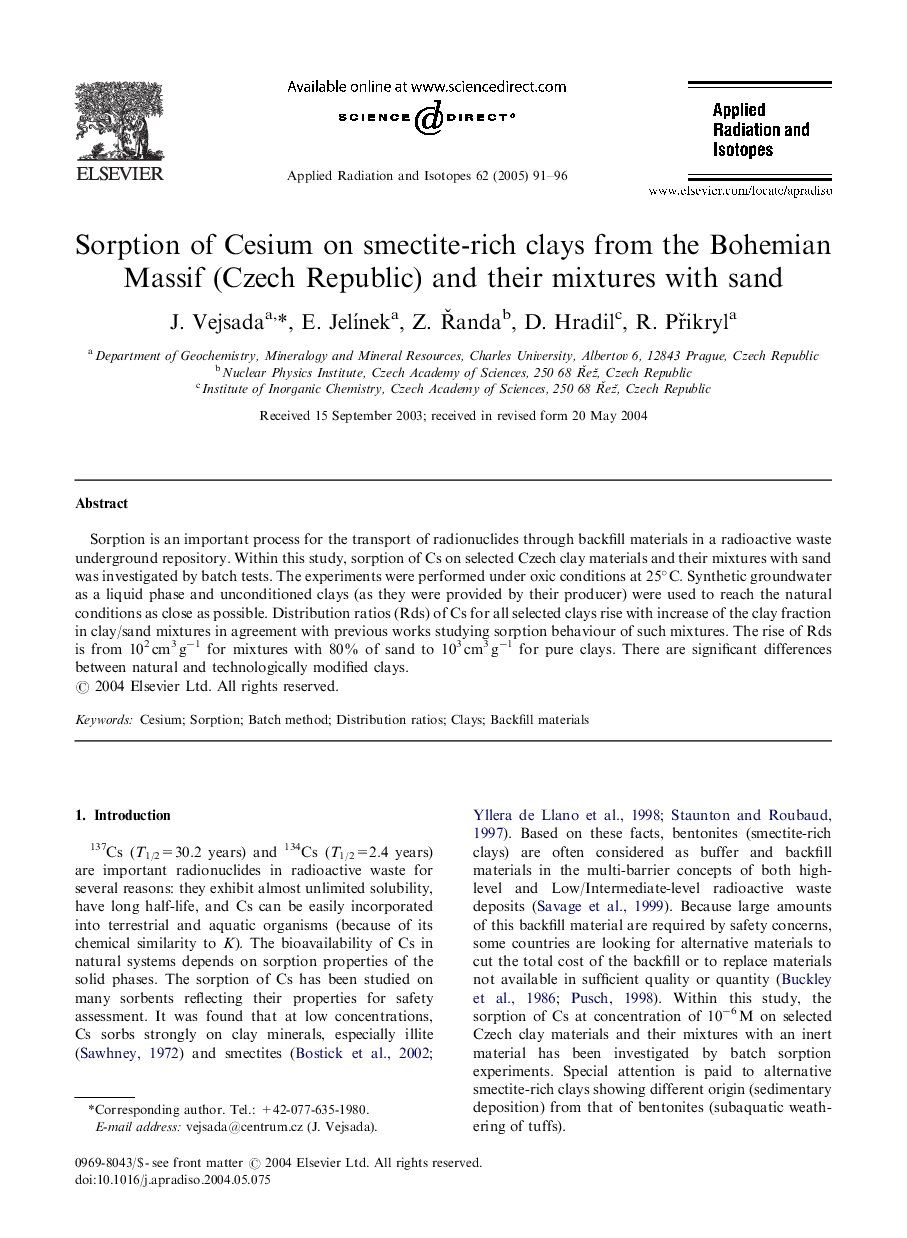 Sorption of Cesium on smectite-rich clays from the Bohemian Massif (Czech Republic) and their mixtures with sand