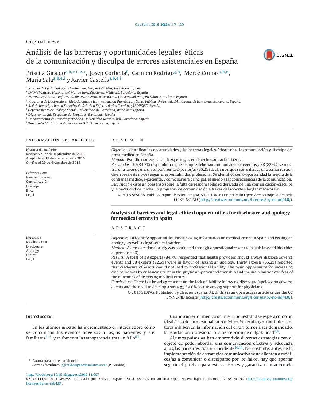 Análisis de las barreras y oportunidades legales-éticas de la comunicación y disculpa de errores asistenciales en España