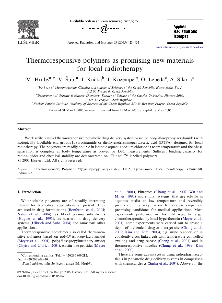 Thermoresponsive polymers as promising new materials for local radiotherapy