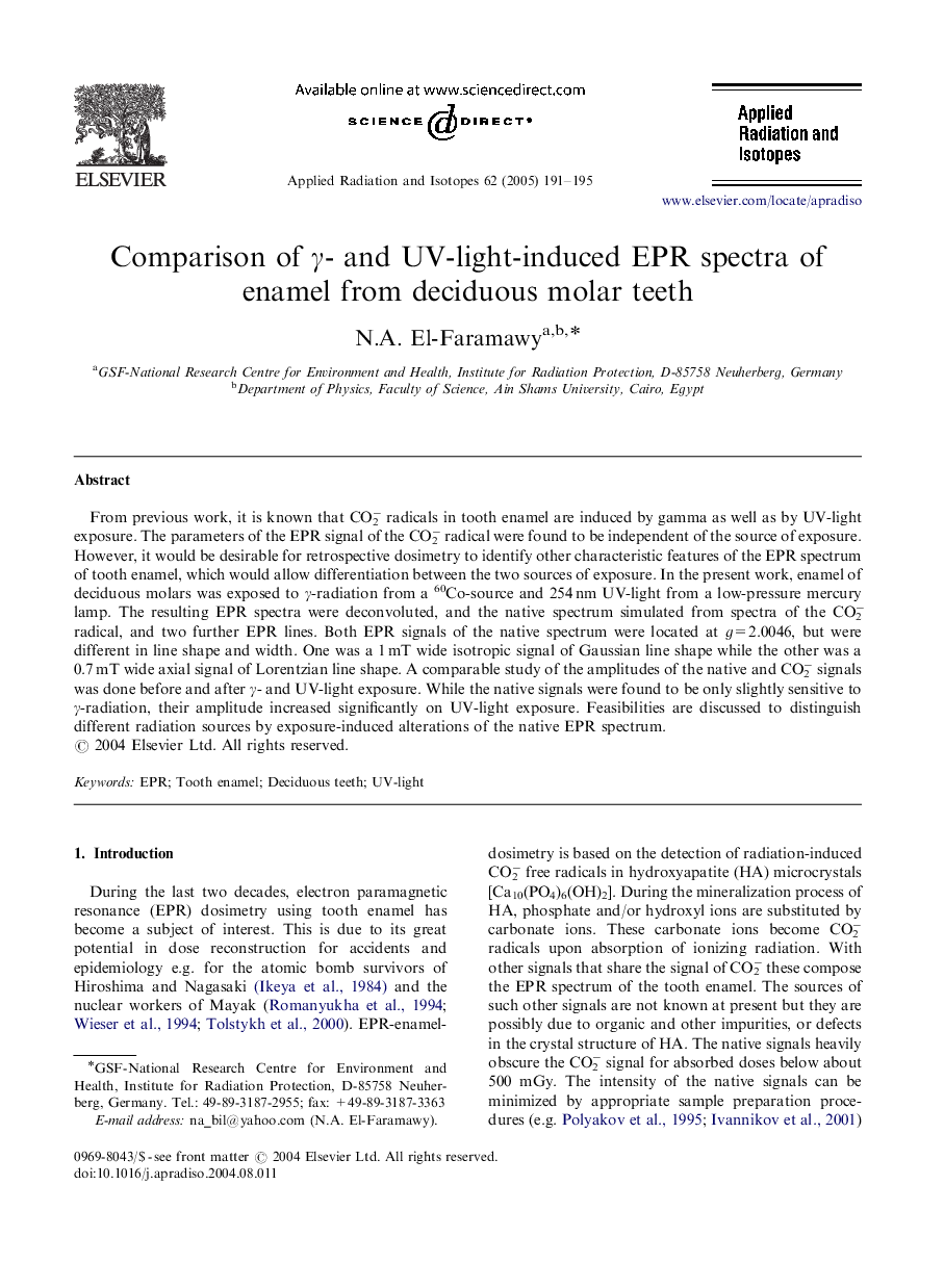 Comparison of Î³- and UV-light-induced EPR spectra of enamel from deciduous molar teeth