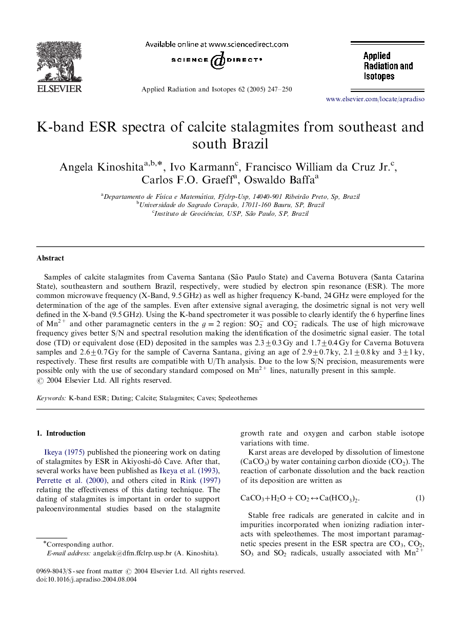 K-band ESR spectra of calcite stalagmites from southeast and south Brazil