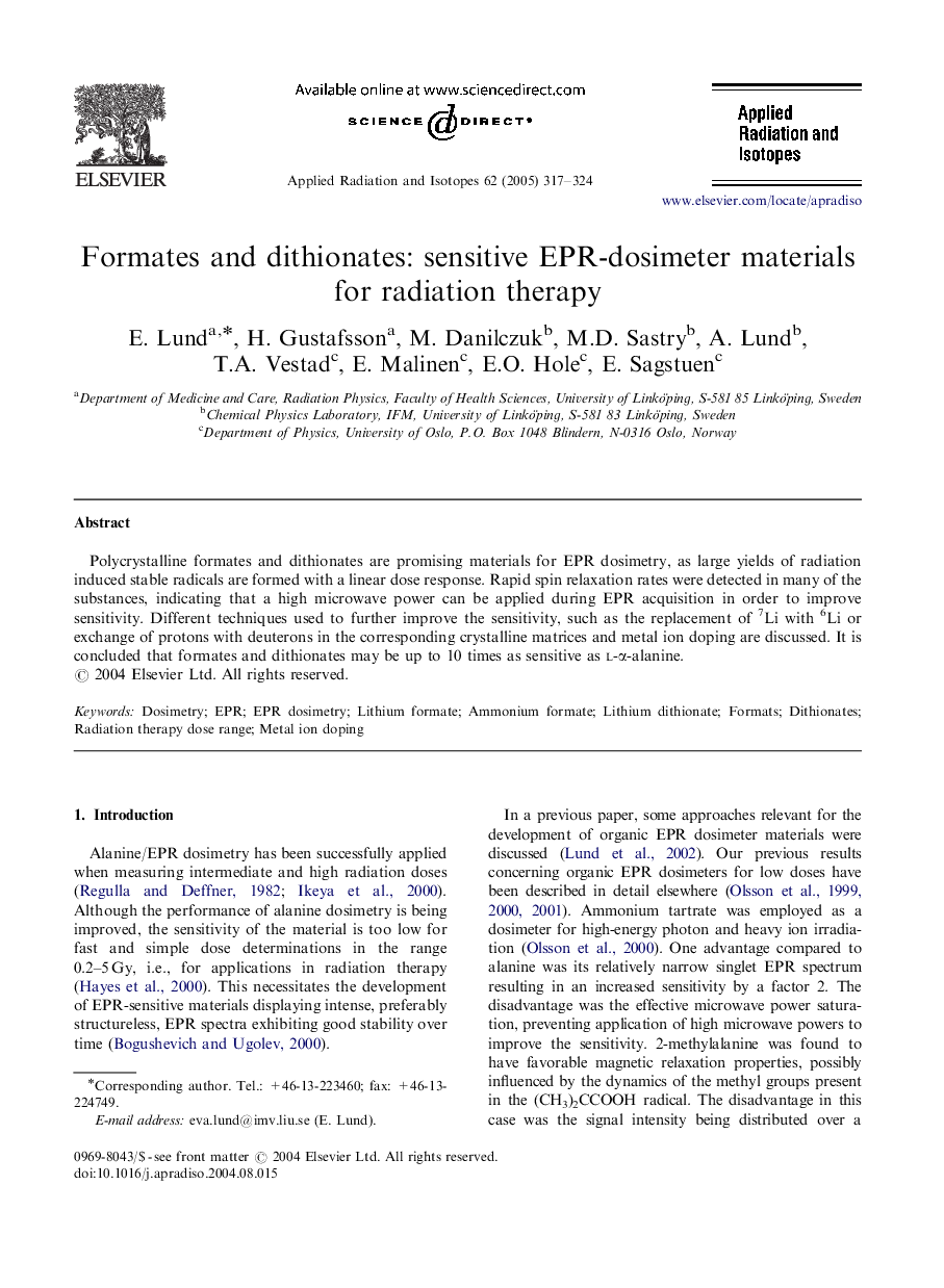 Formates and dithionates: sensitive EPR-dosimeter materials for radiation therapy