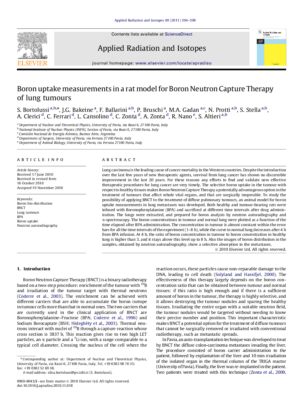 Boron uptake measurements in a rat model for Boron Neutron Capture Therapy of lung tumours