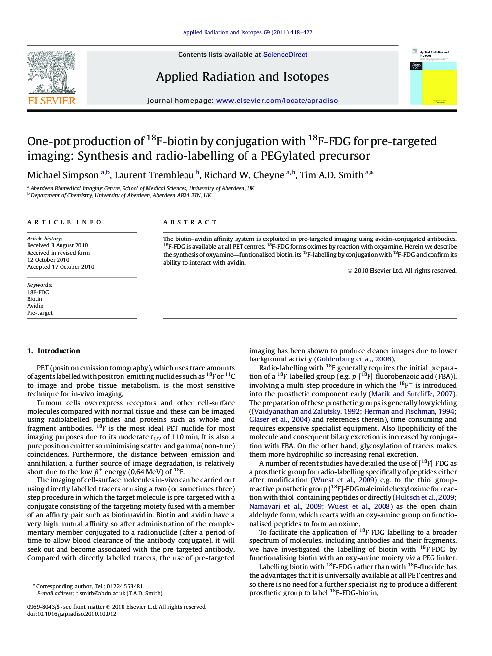 One-pot production of 18F-biotin by conjugation with 18F-FDG for pre-targeted imaging: Synthesis and radio-labelling of a PEGylated precursor