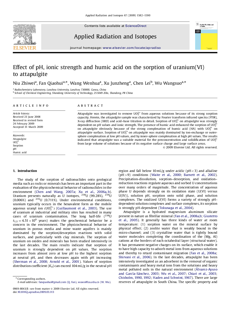 Effect of pH, ionic strength and humic acid on the sorption of uranium(VI) to attapulgite