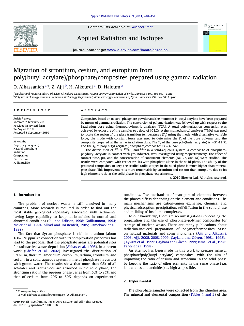 Migration of strontium, cesium, and europium from poly(butyl acrylate)/phosphate/composites prepared using gamma radiation