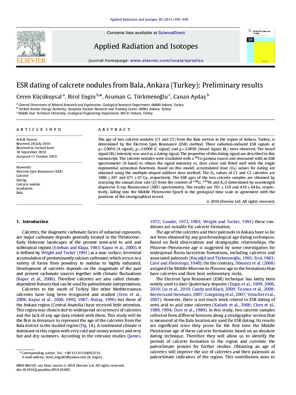 ESR dating of calcrete nodules from Bala, Ankara (Turkey): Preliminary results