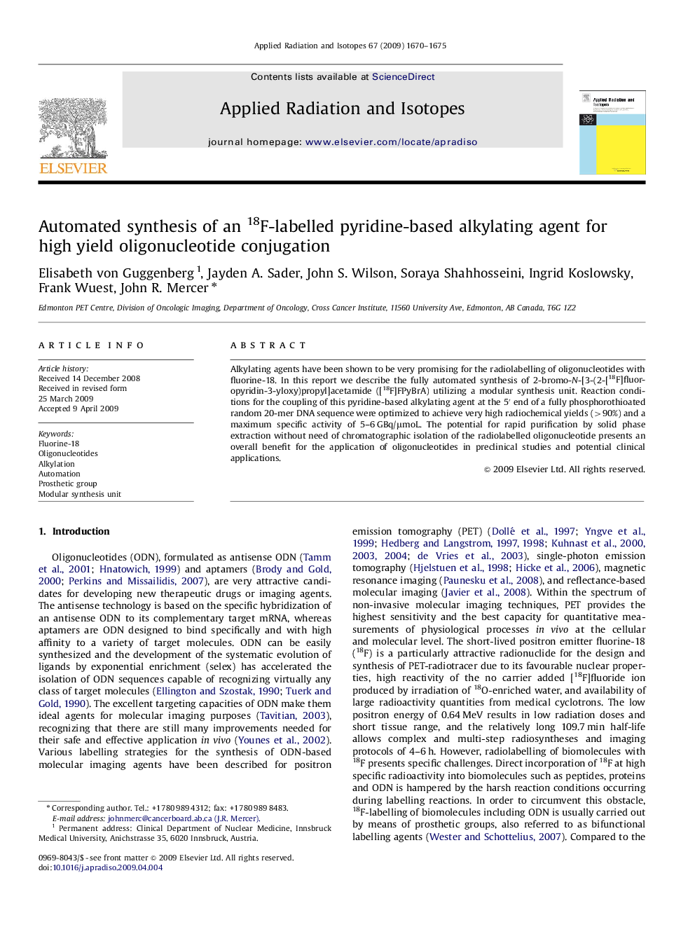 Automated synthesis of an 18F-labelled pyridine-based alkylating agent for high yield oligonucleotide conjugation