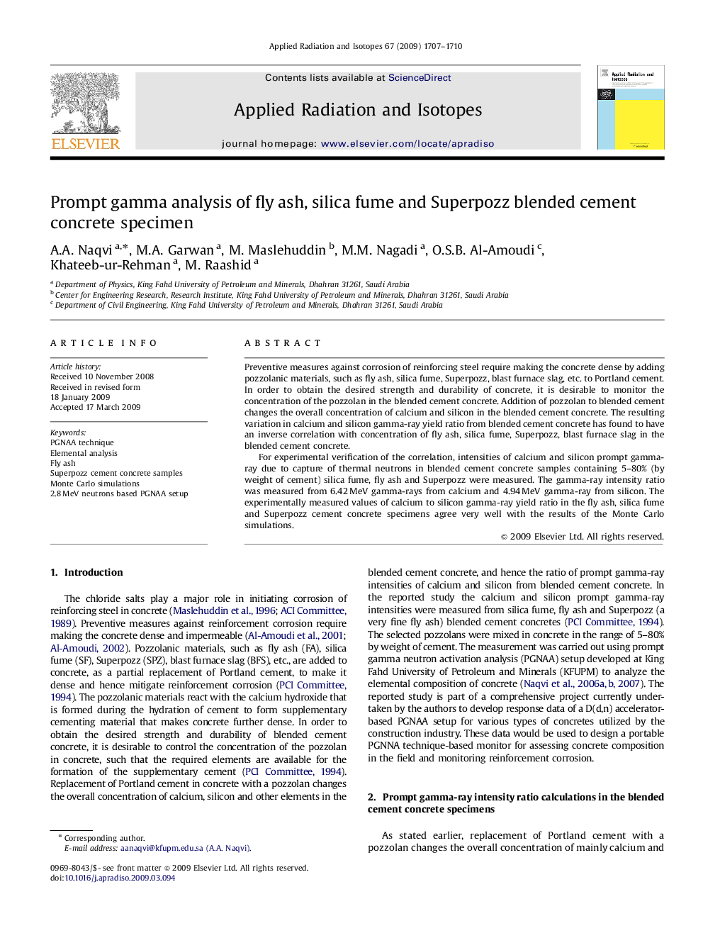 Prompt gamma analysis of fly ash, silica fume and Superpozz blended cement concrete specimen