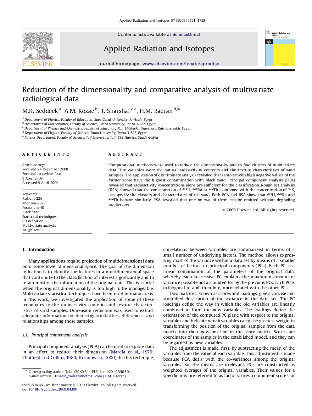 Reduction of the dimensionality and comparative analysis of multivariate radiological data