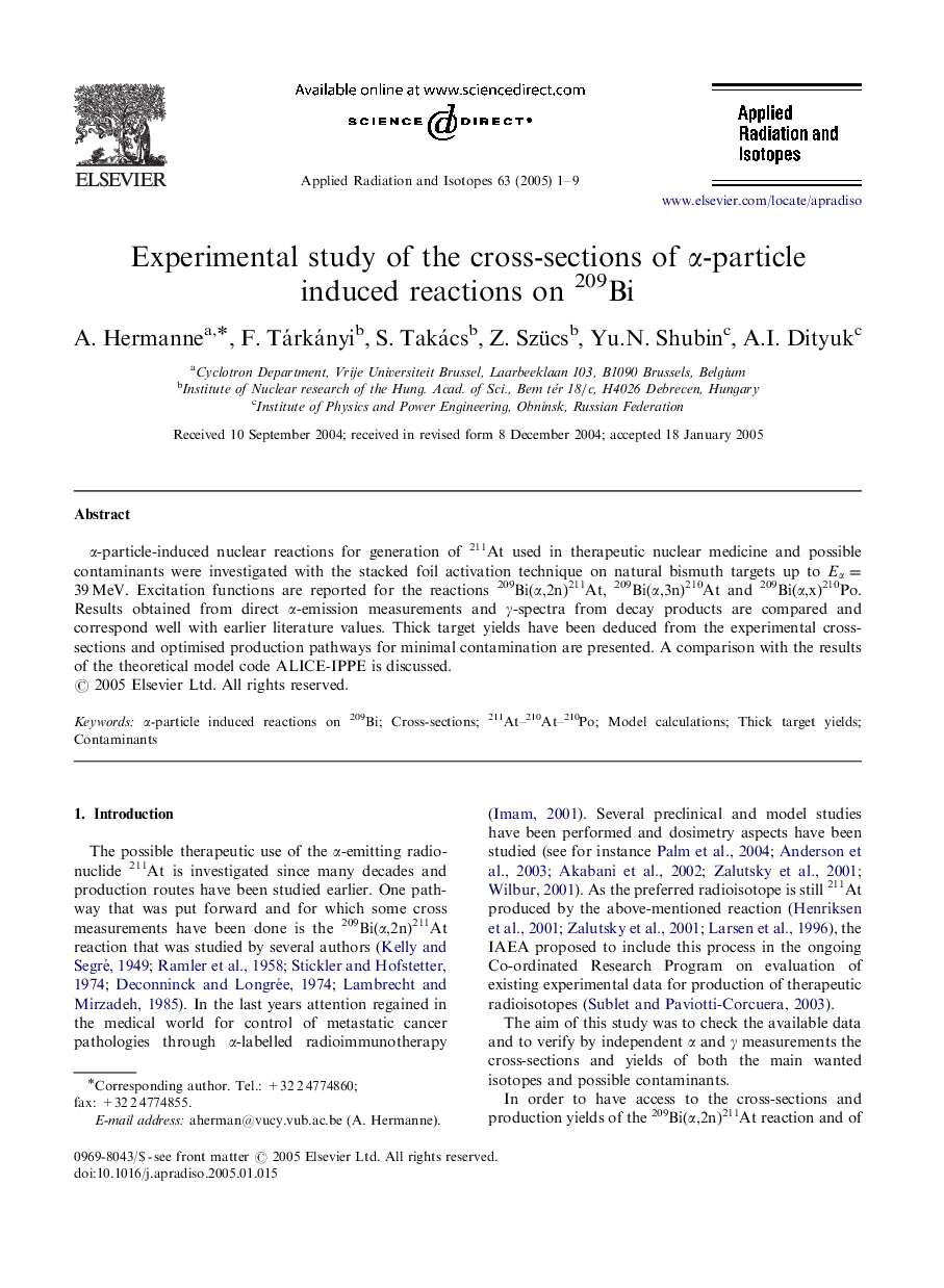 Experimental study of the cross-sections of Î±-particle induced reactions on 209Bi