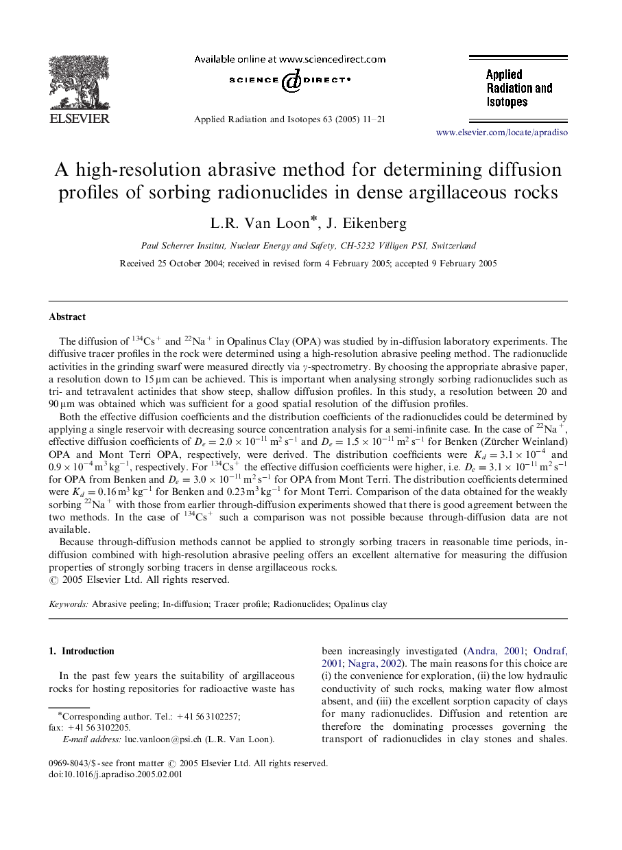 A high-resolution abrasive method for determining diffusion profiles of sorbing radionuclides in dense argillaceous rocks