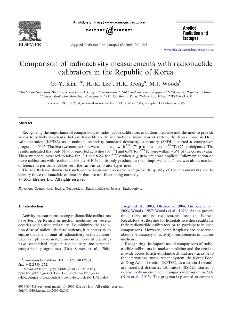 Comparison of radioactivity measurements with radionuclide calibrators in the Republic of Korea