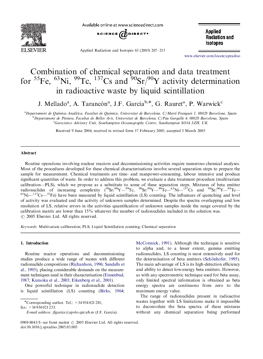 Combination of chemical separation and data treatment for 55Fe, 63Ni, 99Tc, 137Cs and 90Sr/90Y activity determination in radioactive waste by liquid scintillation