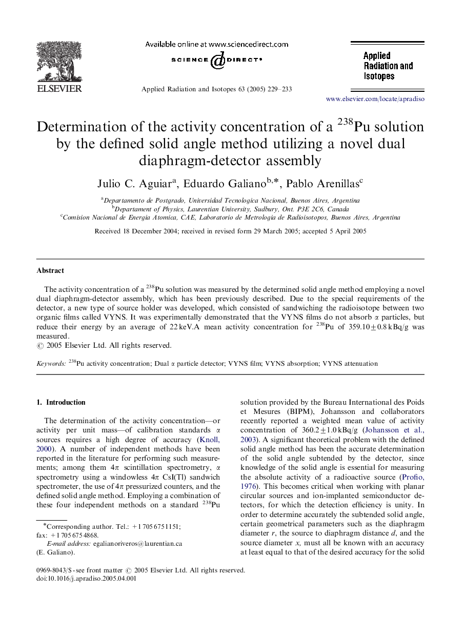 Determination of the activity concentration of a 238Pu solution by the defined solid angle method utilizing a novel dual diaphragm-detector assembly