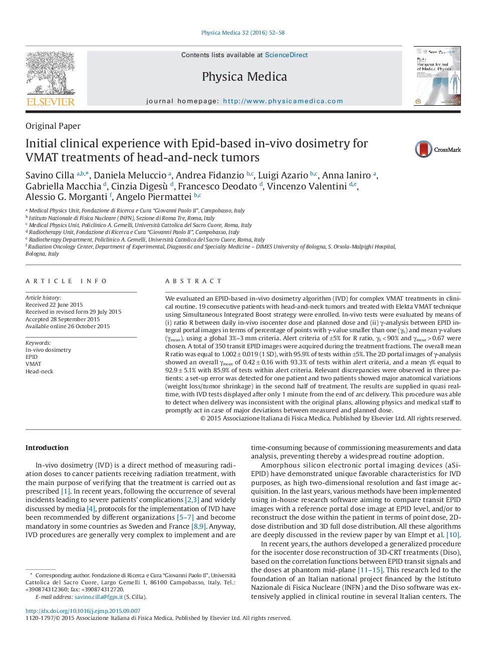 Initial clinical experience with Epid-based in-vivo dosimetry for VMAT treatments of head-and-neck tumors