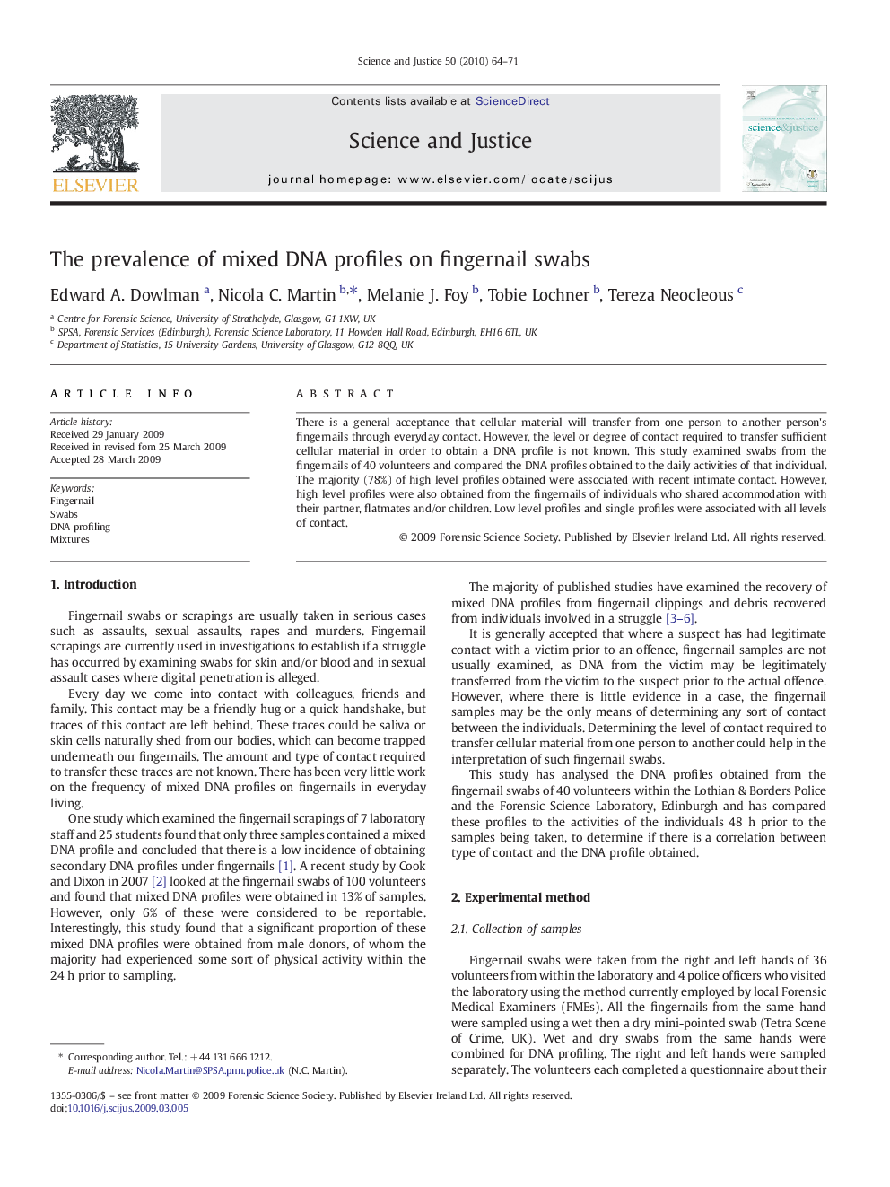 The prevalence of mixed DNA profiles on fingernail swabs