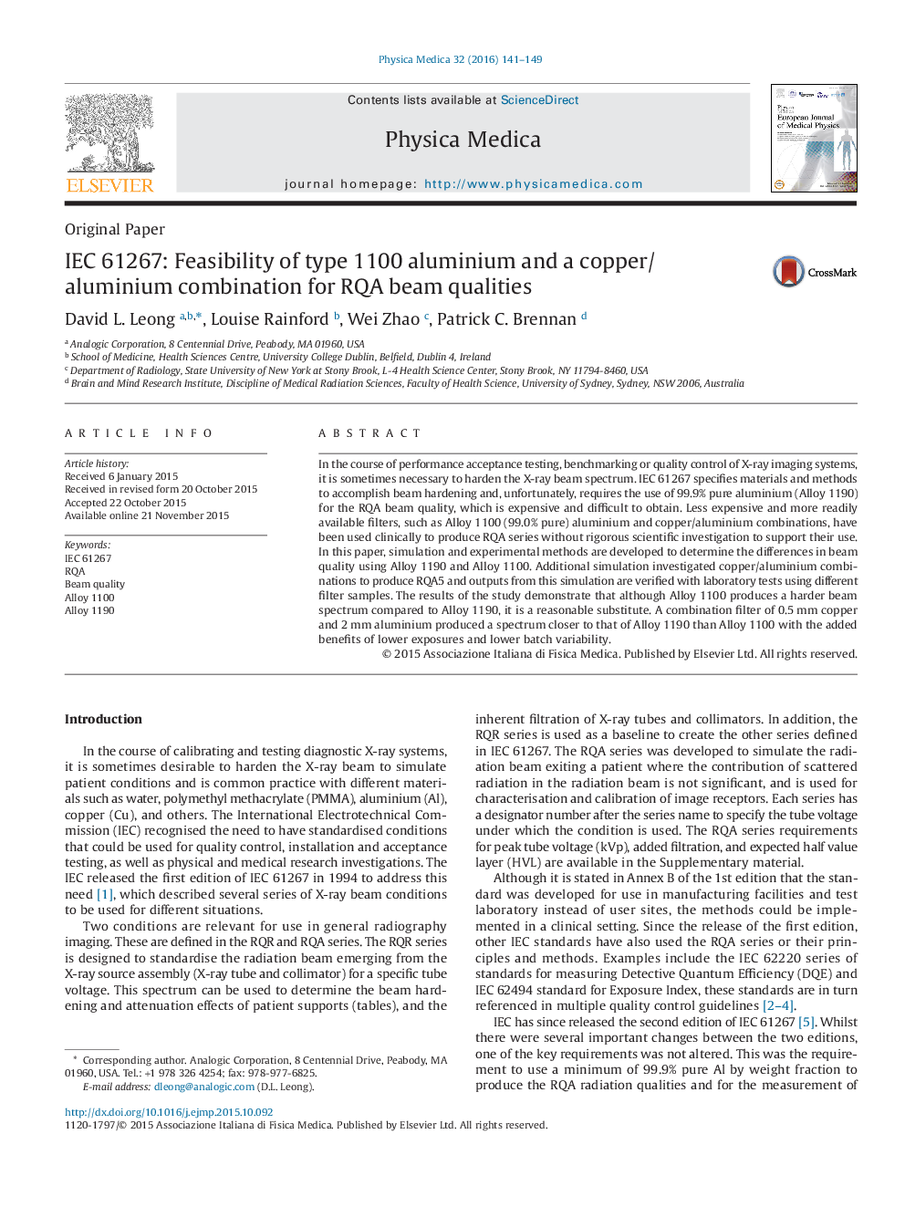 IEC 61267: Feasibility of type 1100 aluminium and a copper/aluminium combination for RQA beam qualities