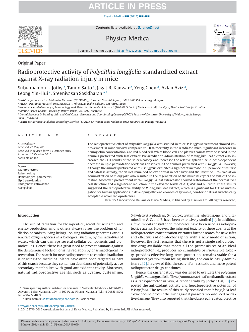 Radioprotective activity of Polyalthia longifolia standardized extract against X-ray radiation injury in mice