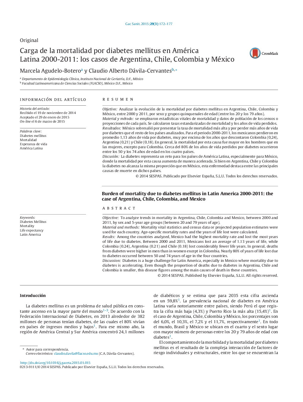 Carga de la mortalidad por diabetes mellitus en América Latina 2000-2011: los casos de Argentina, Chile, Colombia y México