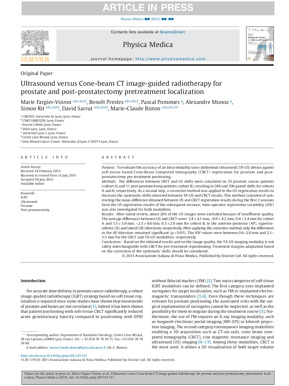 Ultrasound versus Cone-beam CT image-guided radiotherapy for prostate and post-prostatectomy pretreatment localization