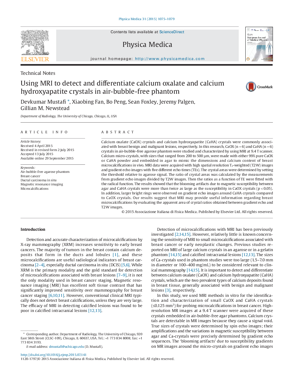 Using MRI to detect and differentiate calcium oxalate and calcium hydroxyapatite crystals in air-bubble-free phantom