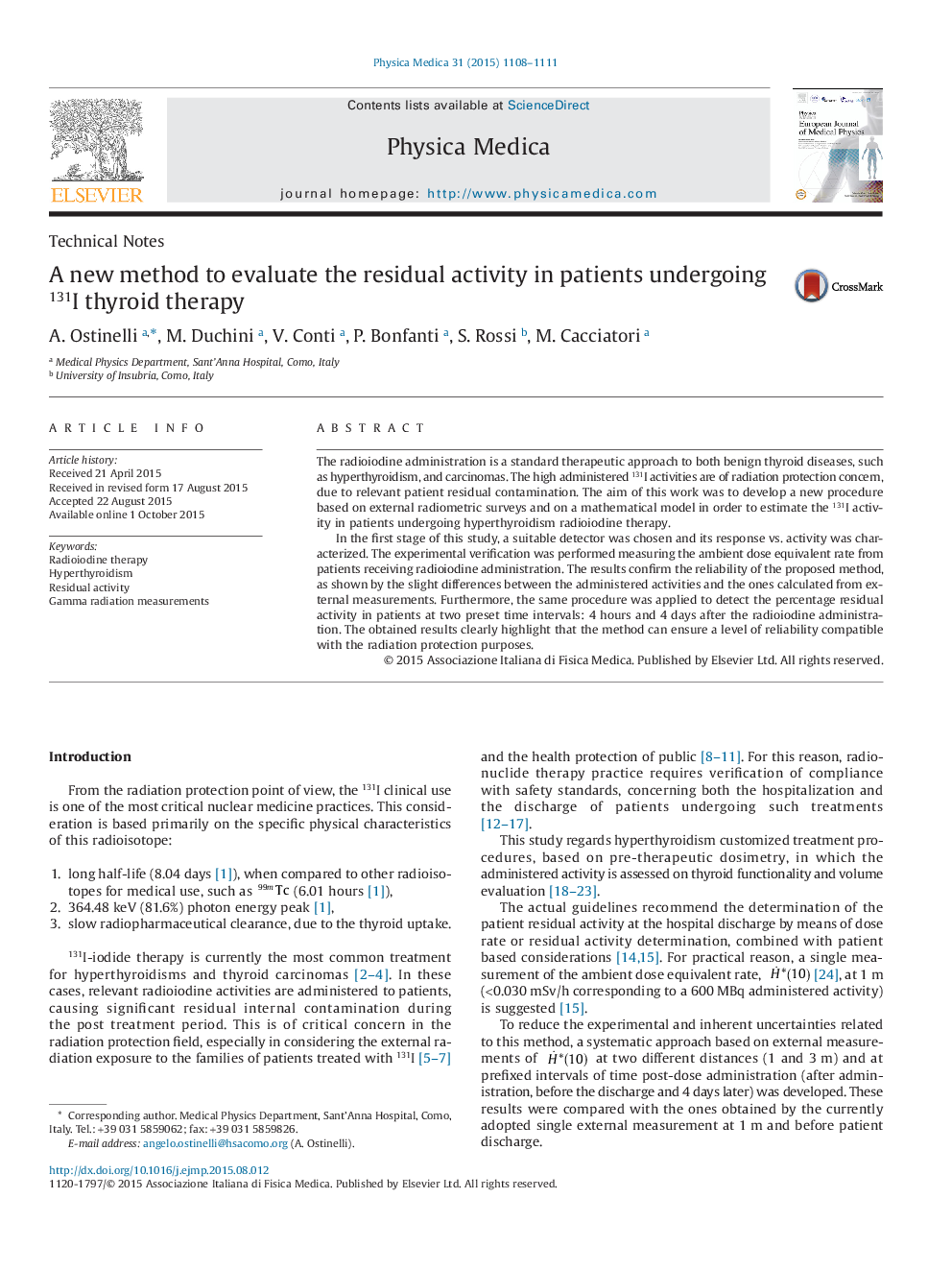 A new method to evaluate the residual activity in patients undergoing 131I thyroid therapy