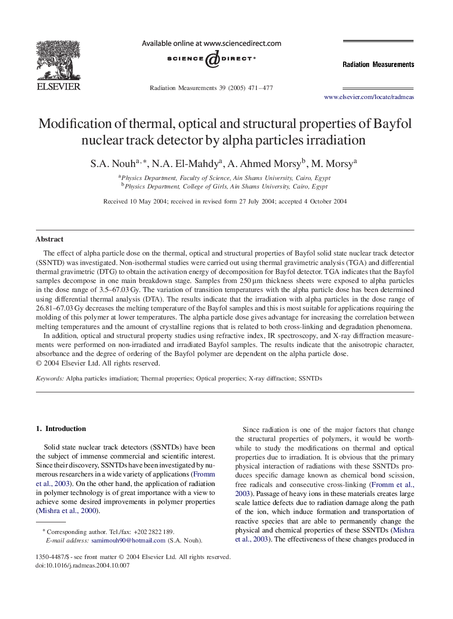 Modification of thermal, optical and structural properties of Bayfol nuclear track detector by alpha particles irradiation