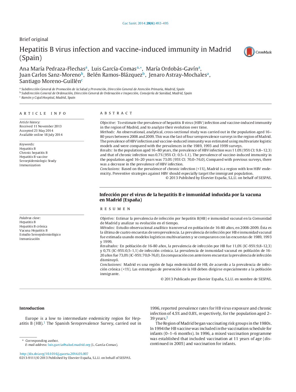 Hepatitis B virus infection and vaccine-induced immunity in Madrid (Spain)