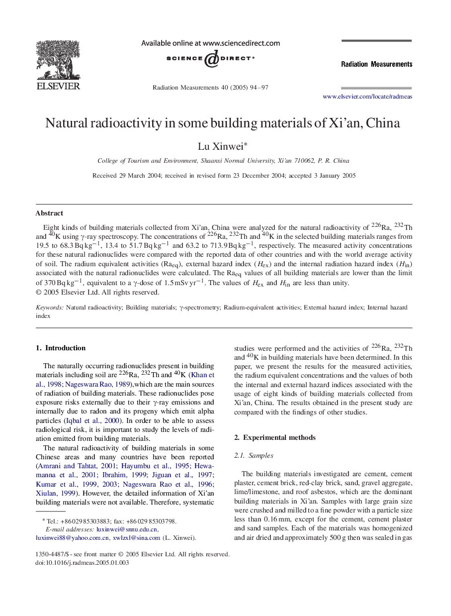 Natural radioactivity in some building materials of Xi'an, China