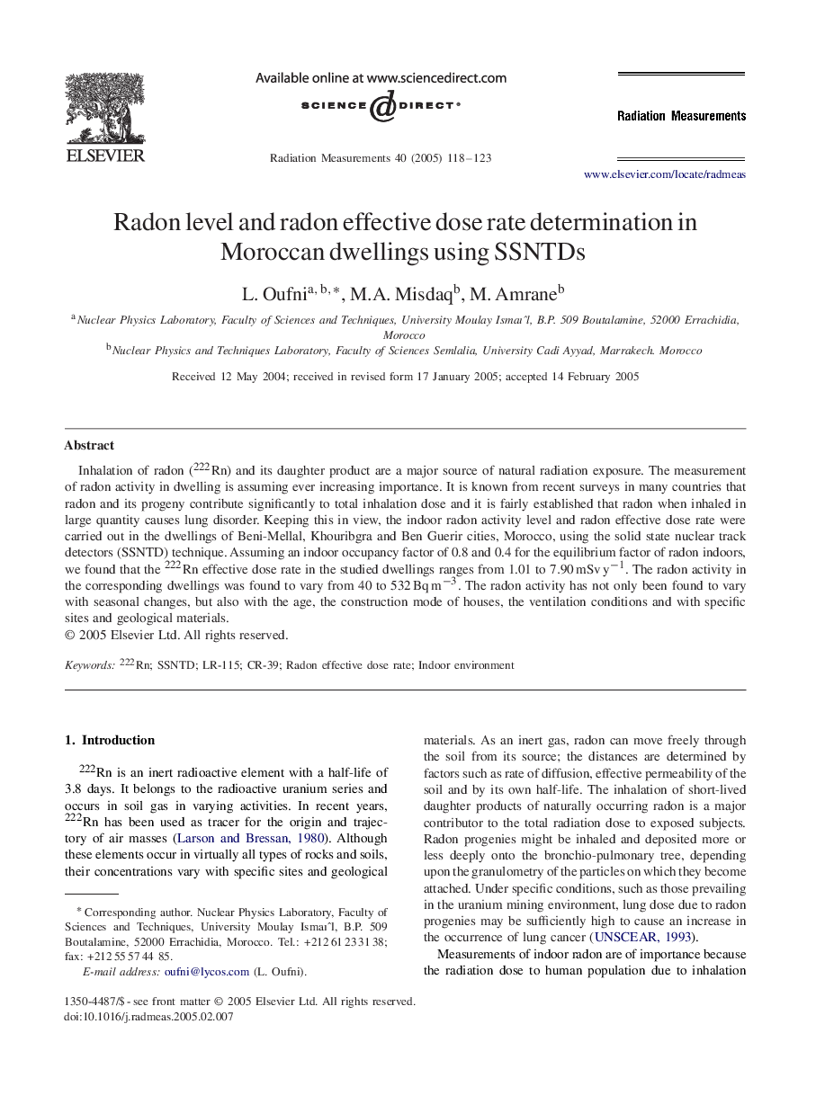 Radon level and radon effective dose rate determination in Moroccan dwellings using SSNTDs