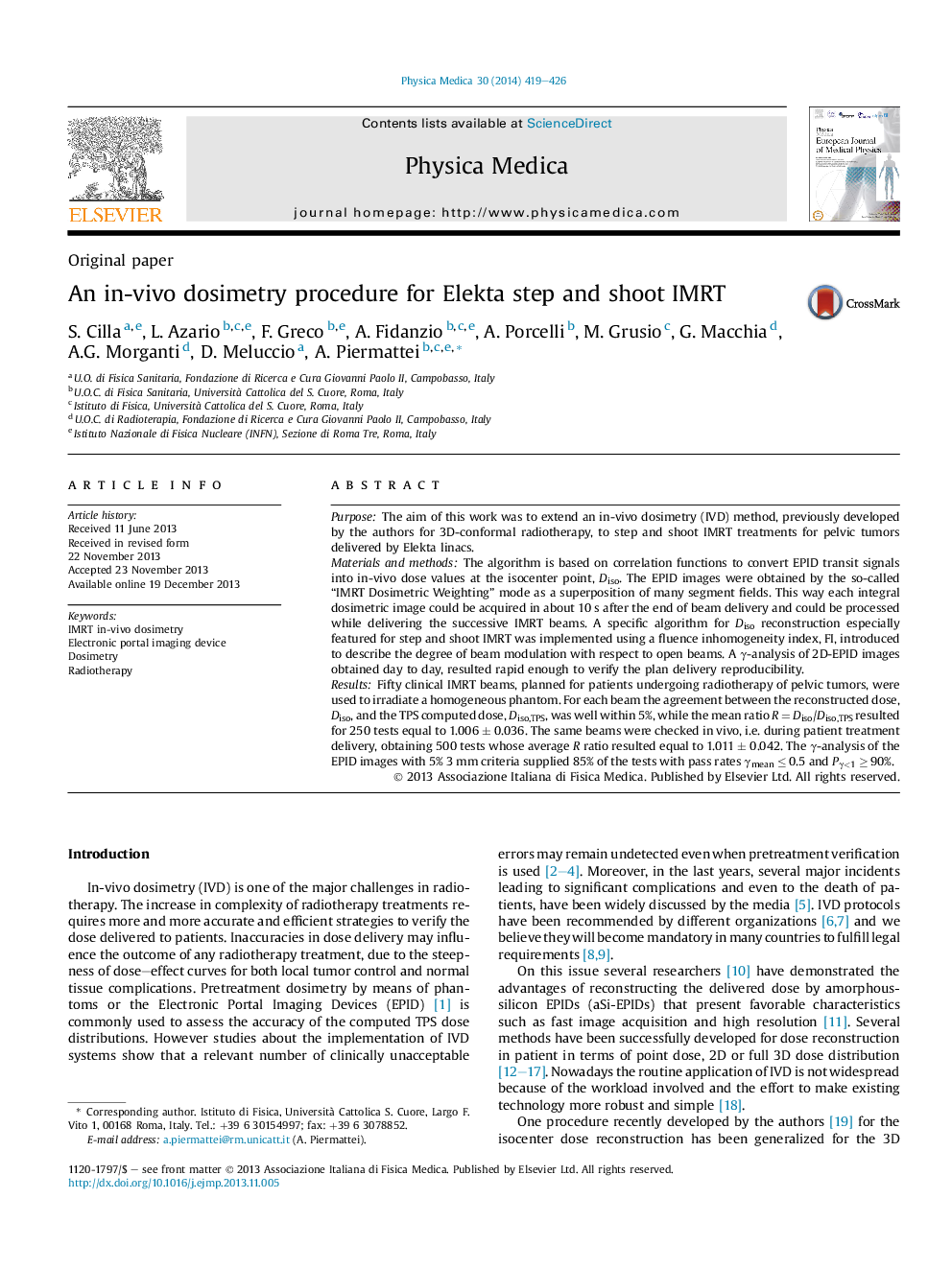 An in-vivo dosimetry procedure for Elekta step and shoot IMRT