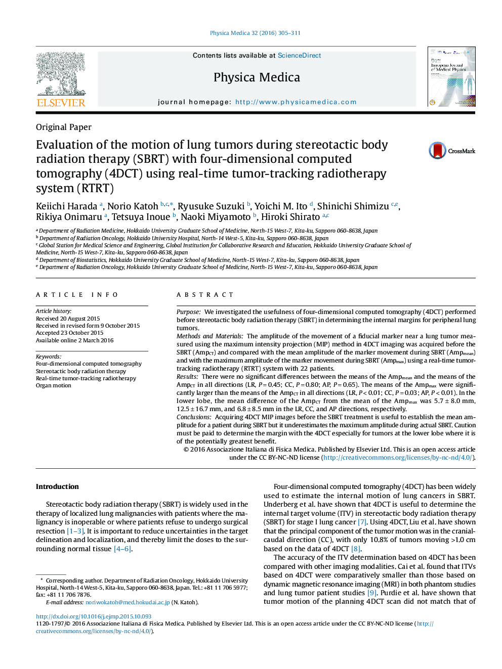 Evaluation of the motion of lung tumors during stereotactic body radiation therapy (SBRT) with four-dimensional computed tomography (4DCT) using real-time tumor-tracking radiotherapy system (RTRT)