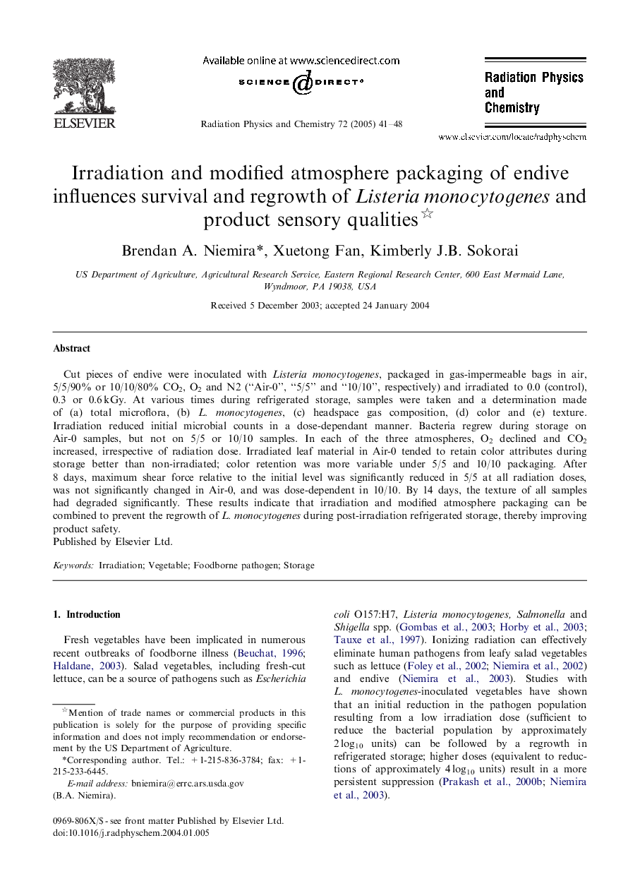 Irradiation and modified atmosphere packaging of endive influences survival and regrowth of Listeria monocytogenes and product sensory qualities