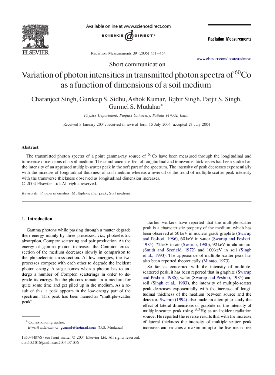 Variation of photon intensities in transmitted photon spectra of 60Co as a function of dimensions of a soil medium