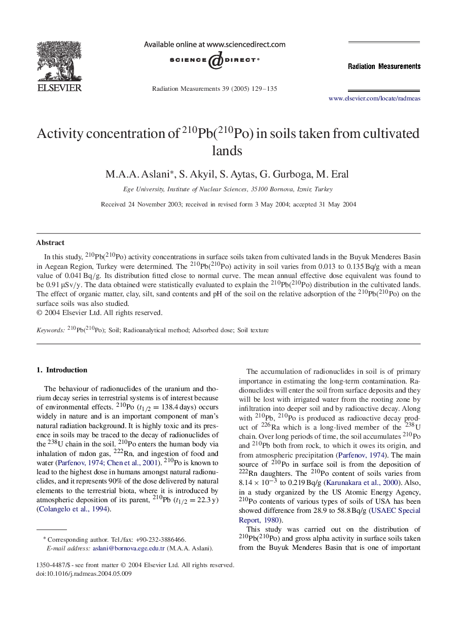 Activity concentration of 210Pb(210Po) in soils taken from cultivated lands