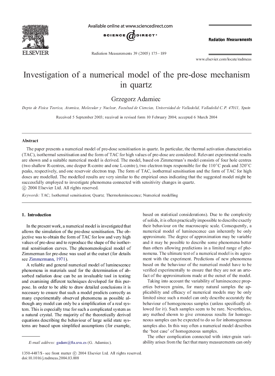 Investigation of a numerical model of the pre-dose mechanism in quartz