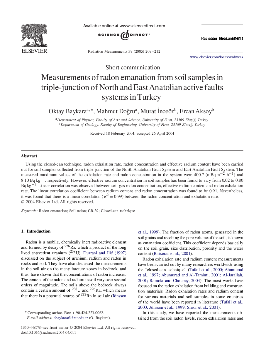 Measurements of radon emanation from soil samples in triple-junction of North and East Anatolian active faults systems in Turkey