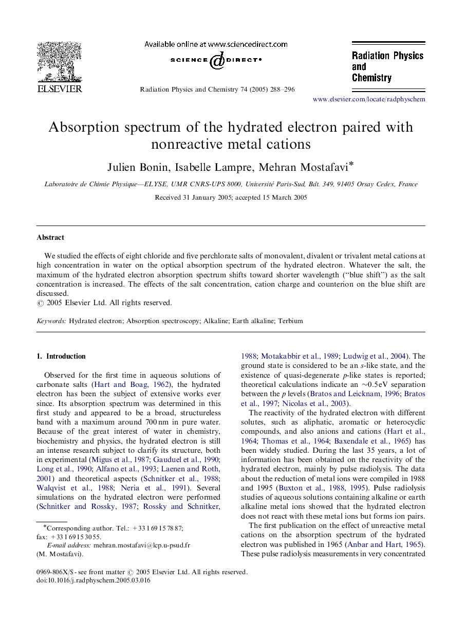 Absorption spectrum of the hydrated electron paired with nonreactive metal cations